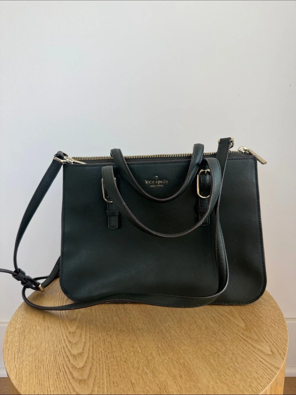 kate spade Black Leather Double-Zip Satchel with Gold Hardware